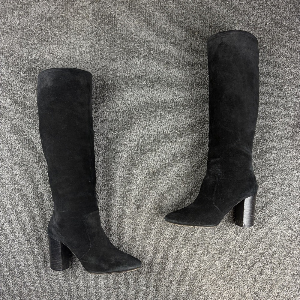 Lanvin Black Suede Knee High Boots Pointed Toe Womens 38 US 8 Block Heel Italy
